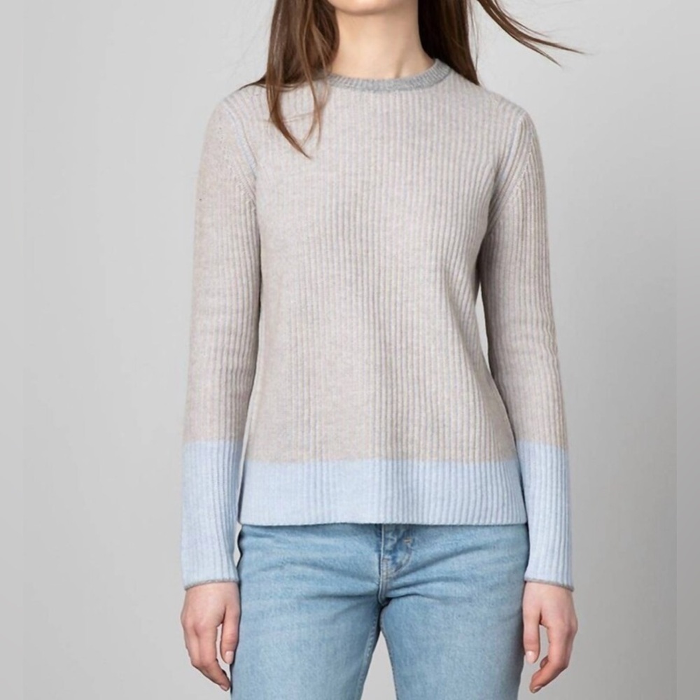 Kinross Cashmere ribbed knit pullover sweater, colorblock pastel colors, Sz L
